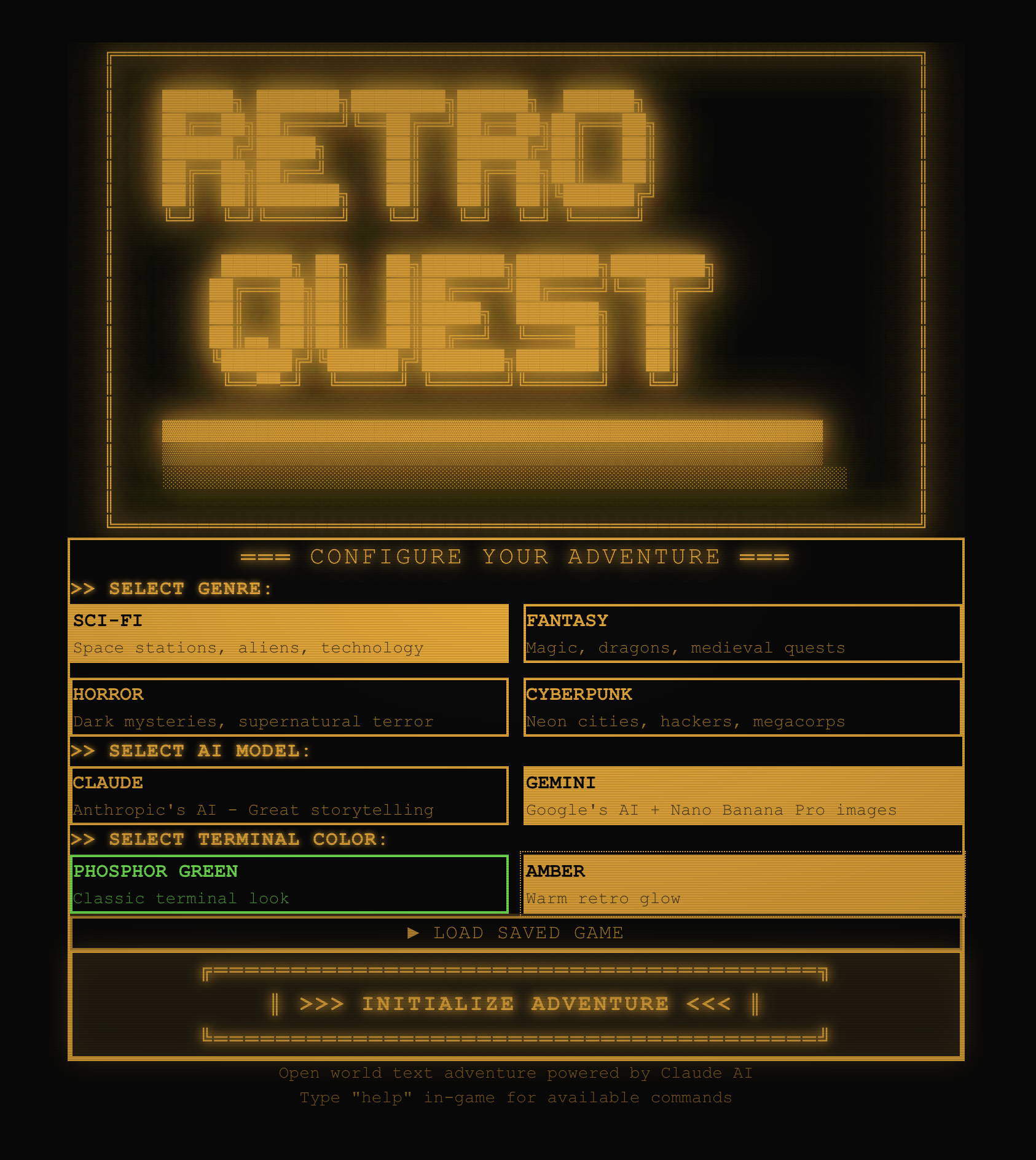 RetroQuest configuration screen with amber terminal theme
