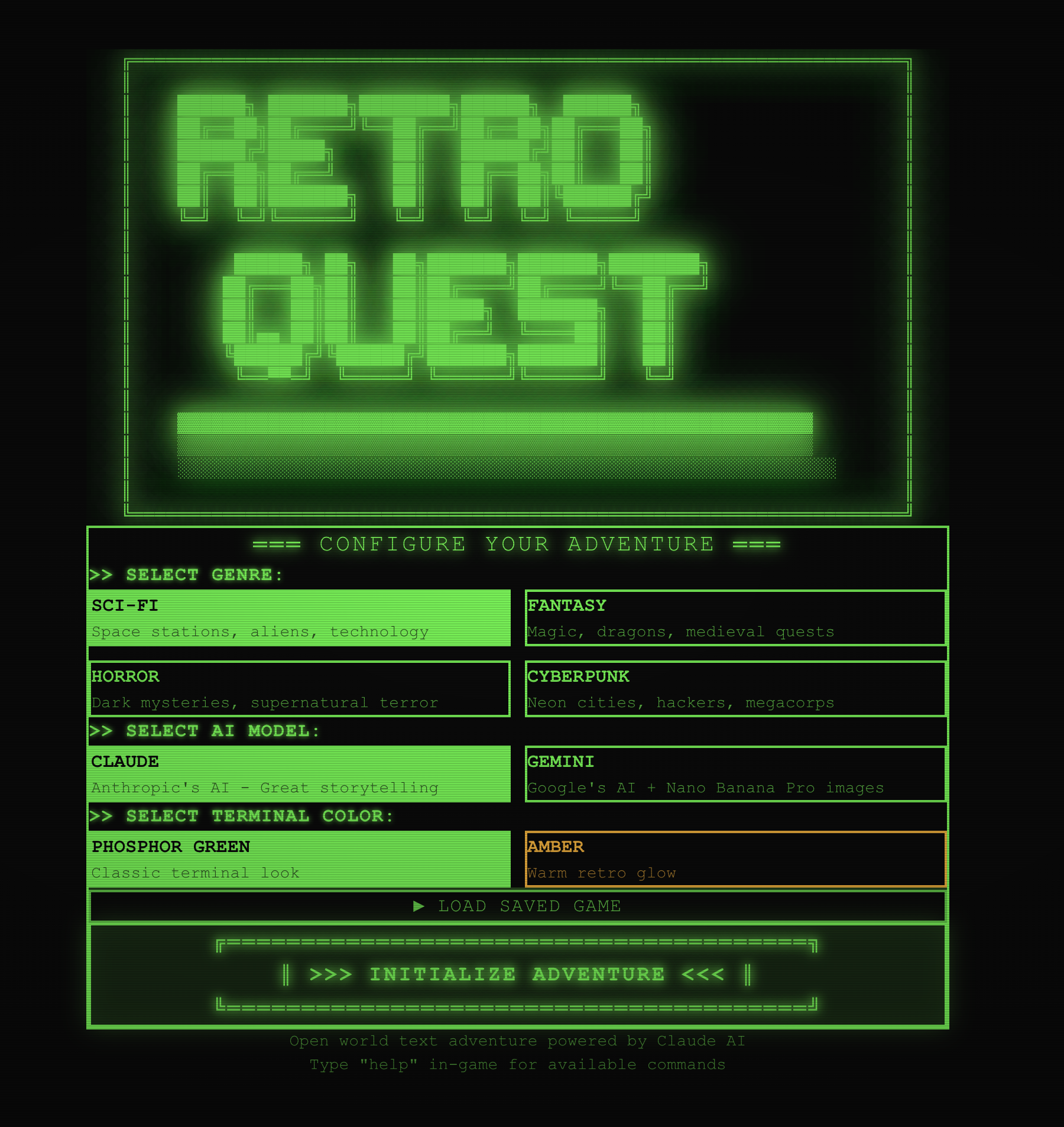 RetroQuest configuration screen with phosphor green terminal theme