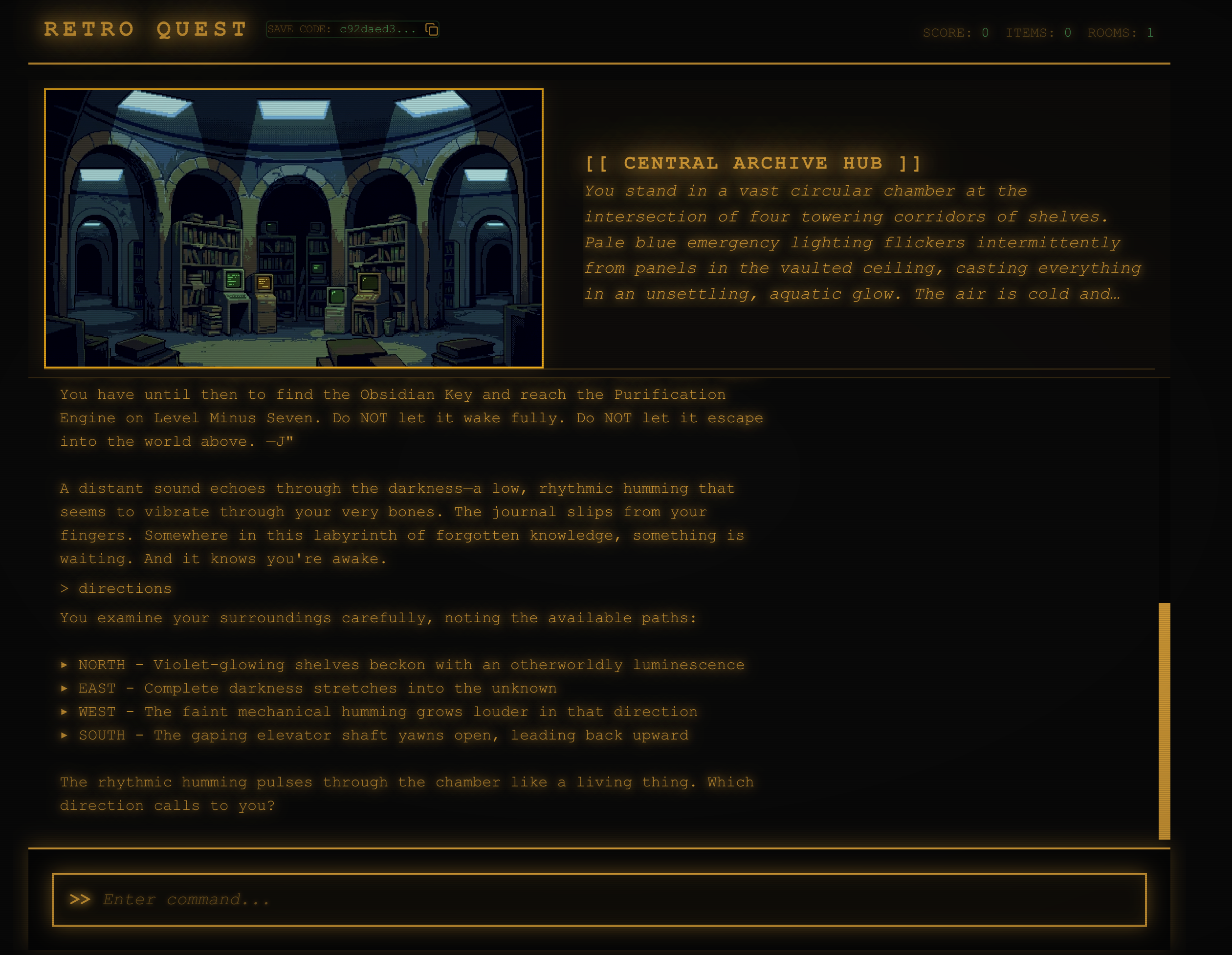 RetroQuest gameplay showing Central Archive Hub