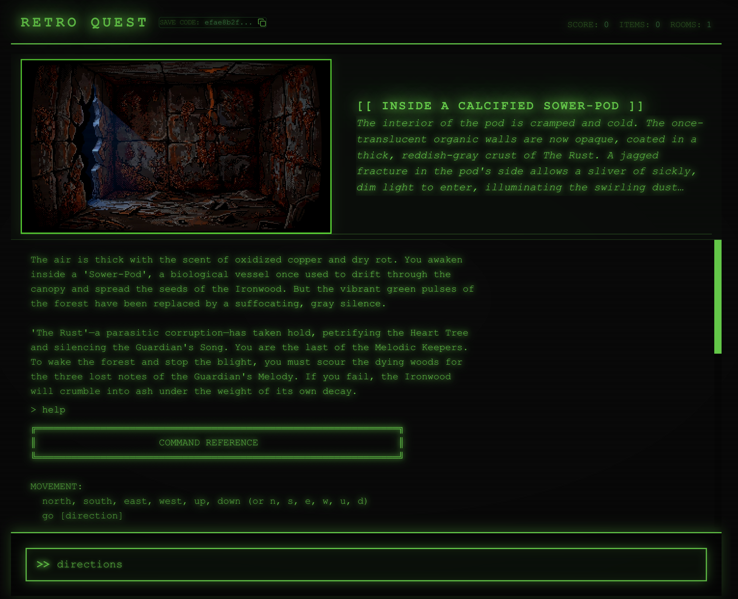 RetroQuest gameplay with command reference